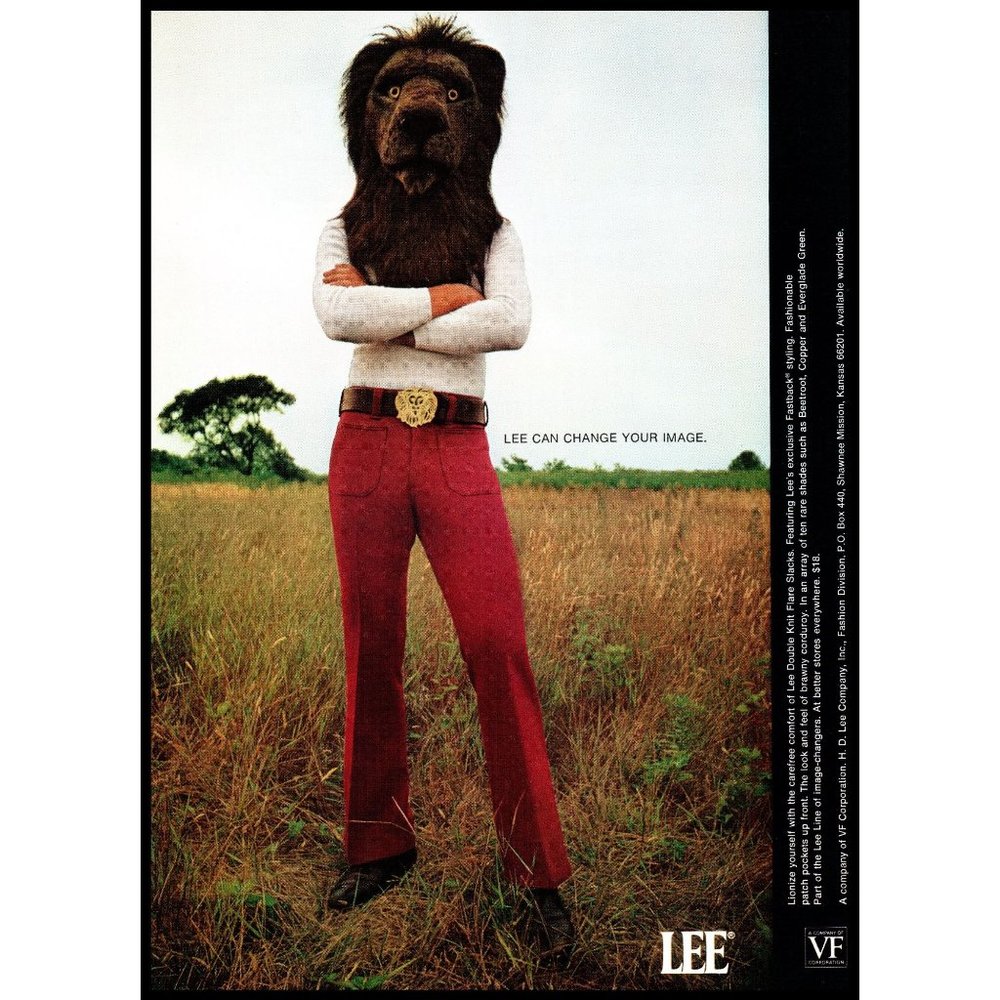 1971 Lee Red Slacks Jeans Vintage Print Ad Lion Head Belt Buckle Field Wall Art